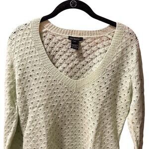 Holt Renfrew Mint Green 100% Cashmere Pointelle Knit V-Neck Sweater Large